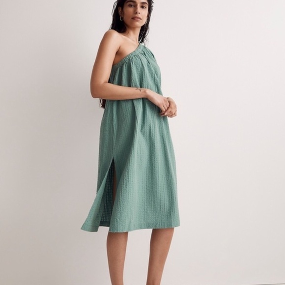 Madewell Seersucker One-Shoulder Puff-Sleeve Midi Dress - Trellis Green XXS - Picture 1 of 9
